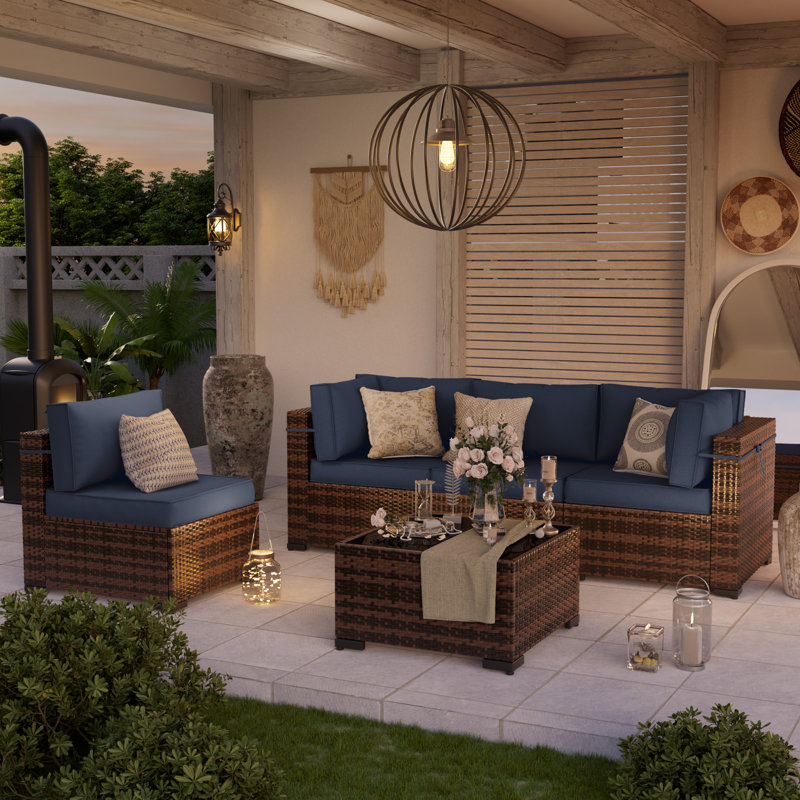 Wicker 4 - Person Modular Patio Conversation Set with Cushions, Navy Blue