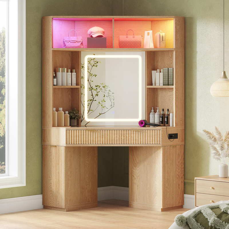 Corner Vanity Desk With Led Lights Mirror, Fluted Wood Luxury Makeup Vanity Desk With Bag Showcase, Big Dressing Table With Glass Top, Cabinets, Shelves, Drawers, Charging Station,oak