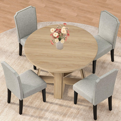 Table de salle à manger ronde 43,3 po pour 4 à 6 personnes - Table de cuisine circulaire compacte avec piédestal en bois et tablette de rangement - pour la cuisine, le salon, l’appartement