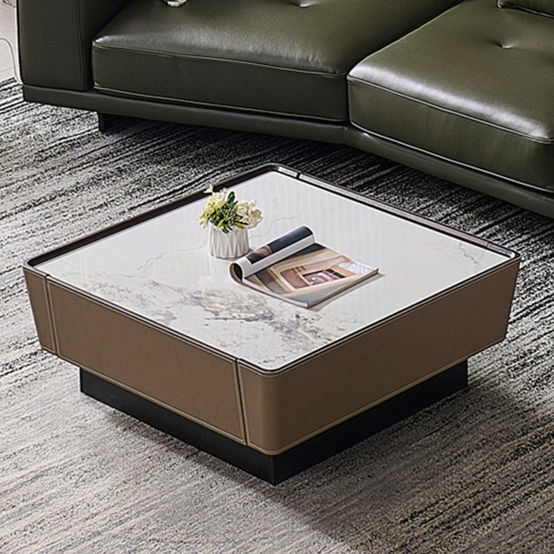 Table basse carrée en ardoise avec cuir de selle, H 12,6 po x L 39,4 po x l 39,4 po