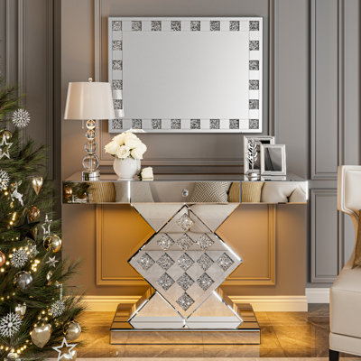 Ensemble de 2 consoles à miroir en miroir à DEL avec miroir mural décoratif rectangulaire, canapé d'entrée en argent de 47,2 po avec miroir mural en diamant écrasé de 35 po pour le salon, le couloir, le vestibule, l'entrée