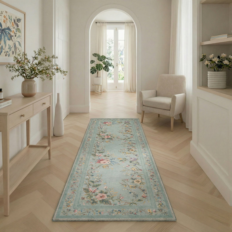 Tapis floral vert lavable à la machine avec envers antidérapant, Tapis de couloir 2 pi 5 po x 8 pi