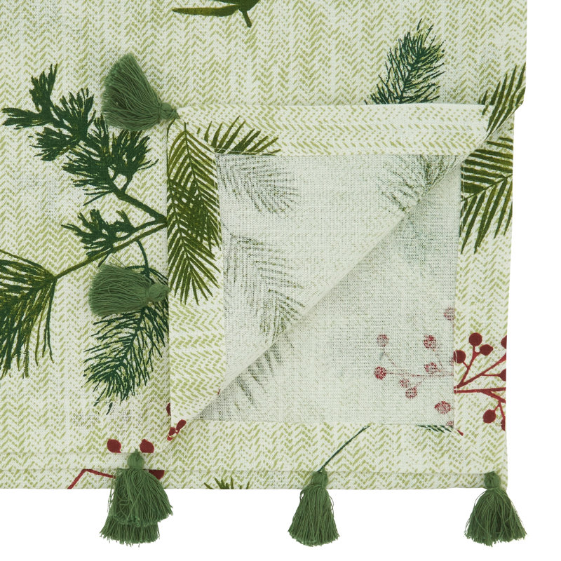 Winter Pine Needle and Red Berry Cotton Table Runner