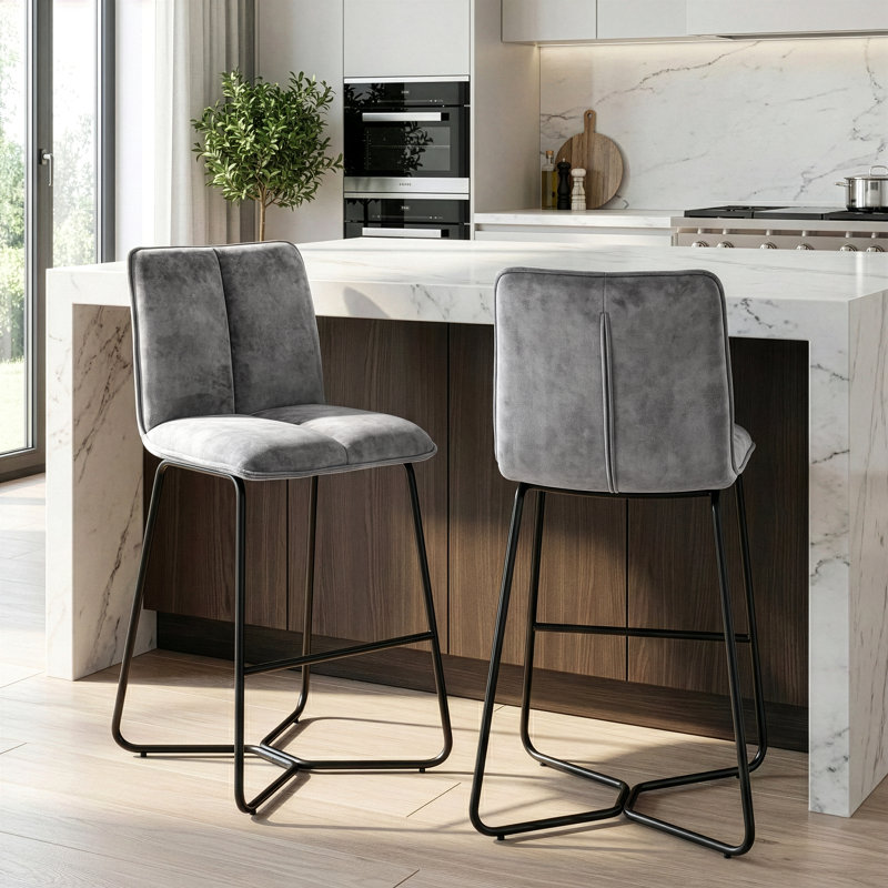 Ensemble de 2 tabourets de comptoir en tissu gris Avent avec pieds en métal noir, Gris