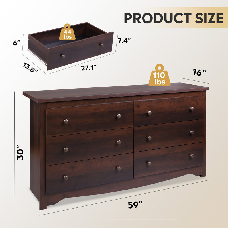 59" W 6-Drawer Wooden Dresser with Elegant Double Handles for Bedroom, Modern Large Storage Organizer with Solid Legs, Esspresso Chest of Drawers for Living Room, Hallway