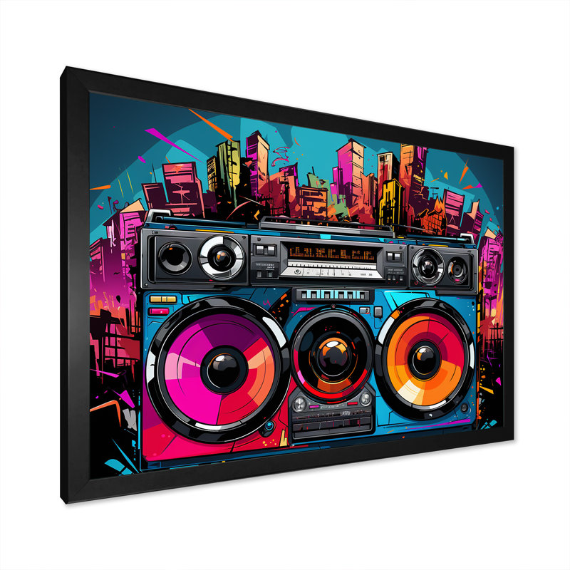 Pop Art Vibrant Boom Box Music - Platines et boîtes murales, Cadre d'angle fermé noir, H 12 po x l 20 po x P 1 po