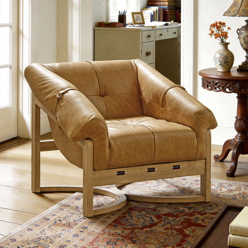 Rod 33.5'' W Tufted Full-Grain Leather Accent Leisure Lounge Armchair with Ash Wood Base, Cognac Full-Grain Leather