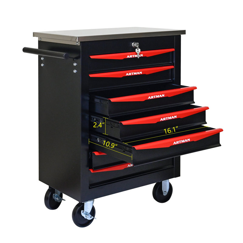 Chariot à outils multifonctionnel à 7 tiroirs avec roues et toit en acier inoxydable, Noir / Rouge