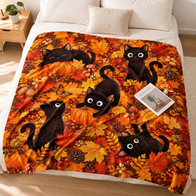 1 pièce de couverture de flanelle mignonne à motif de chats noirs - thème d'automne; conception adorable d'animaux, jeté chaleureux et parfait