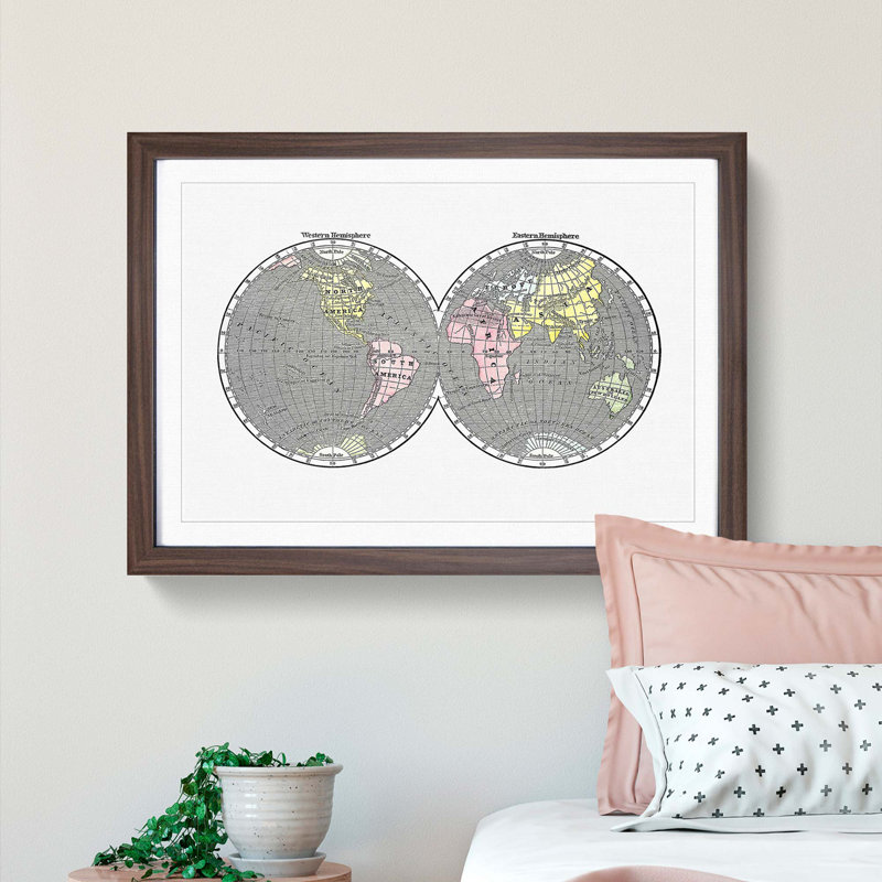 World Map Illustration - Framed Print, 27cm H x 36cm W x 2cm D, Walnut Framed