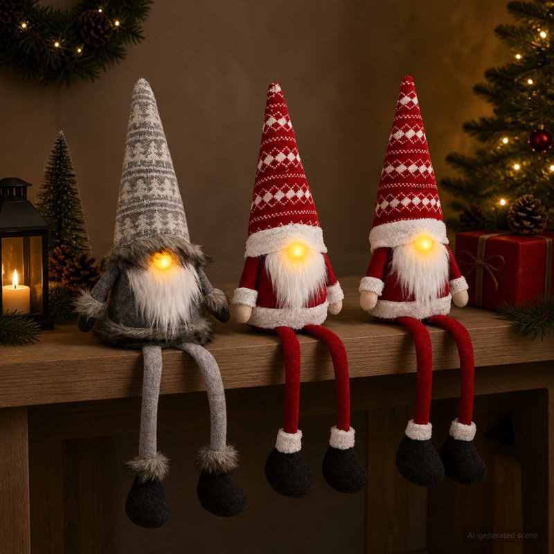 Sitting Gnome Set with LED Light Polyester Christmas Gnome Set with LED