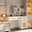 Meuble-lavabo avec 3 lumières colorées et miroir ouvert, bureau à 4 tiroirs et 1 armoire pour la chambre à coucher, blanc-121070279