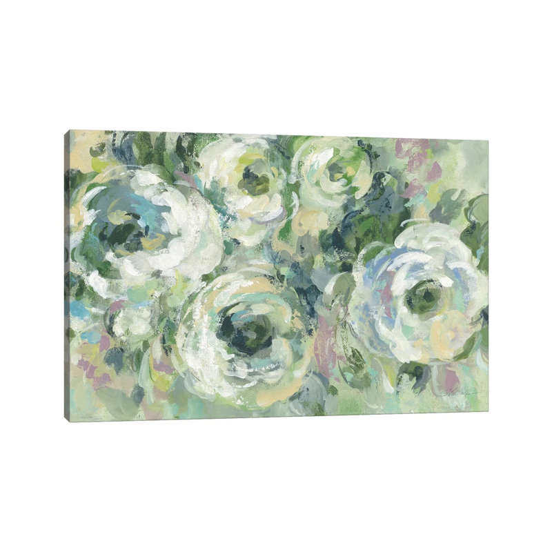 Reproduction de pivoines sauge et lavande par Silvia Vassileva - reproduction, H 18 po x l 26 po x P 1,5 po, Toile tendue
