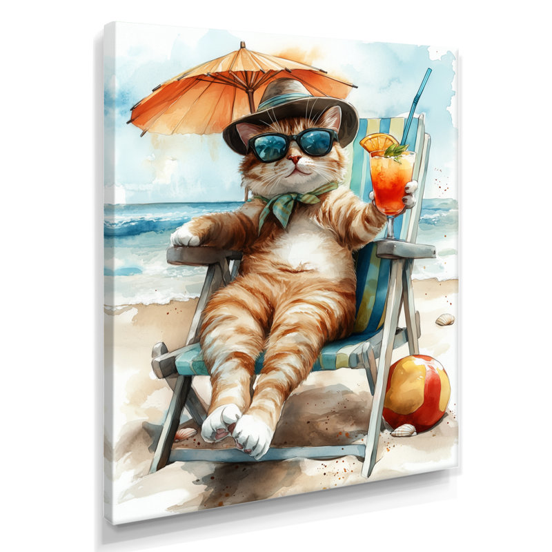 Chat sur la plage, détente I - décoration murale animaux côtiers, H 20 po x l 12 po x P 1 po, Toile tendue