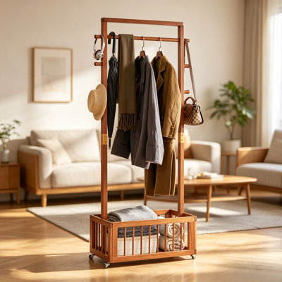 71 in. Solid wood freestanding coat rack walnut finish rolling garment stand with lockable casters side hooks and bottom storage basket for entryway bedroom living room