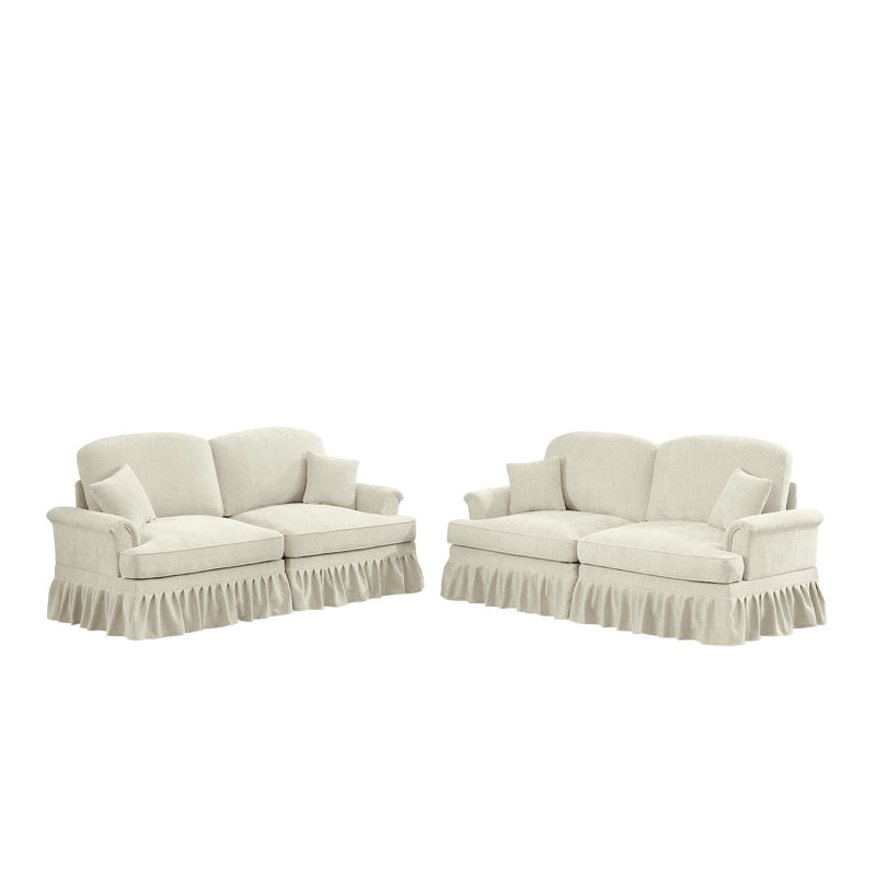 Ensemble de canapé modulaire classique en chenille avec jupes à volants amovibles et accoudoirs évasés - Élégant meuble de salon 2 pièces