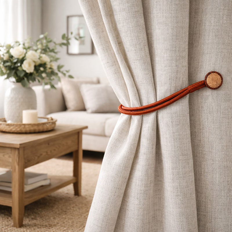 Magnetic Curtain Tiebacks – Double Braided Cord with Wooden Tips, Terracotta