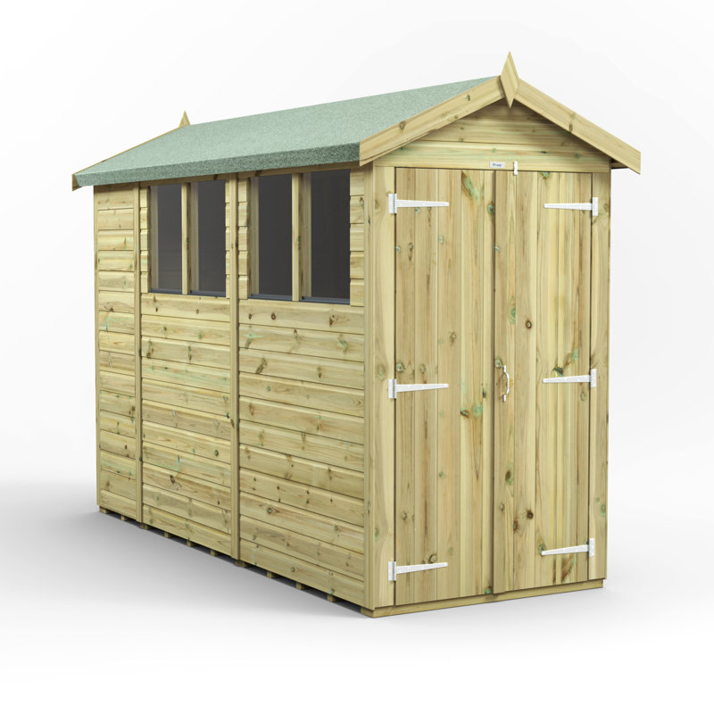 Powersheds 10 x 4ft Premium Pressure Treated Timber Apex Garden Shed, Double Doors
