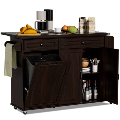 Kitchen Island With Trash Can Storage & Drop Leaf, Rolling Kitchen Cart With Drawers, 3-tier Spice Rack And Towel Rack, Island Table On Wheels For Kit
