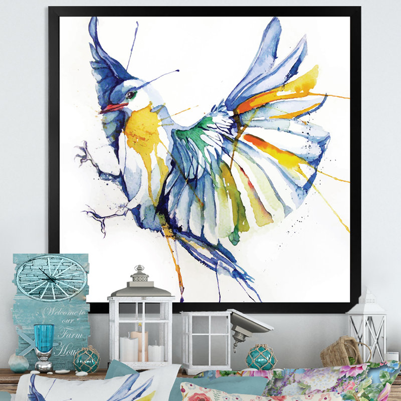 Oiseau coloré - décoration murale traditionnelle en toile, Toile avec cadre noir, H 16 po x l 16 po x P 1 po