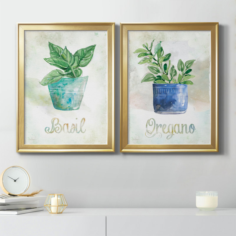 Basilic en pot - Ensemble de 2 peintures sur toiles, H 22,5 po x l 61 po x P 1,5 po, Toile avec cadre doré