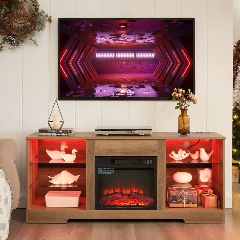 Meuble télé 58 po avec foyer électrique et flamme 3D, éclairage DEL, pour téléviseurs de 32 à 62 pouces, fini chêne, 32 à 62 po