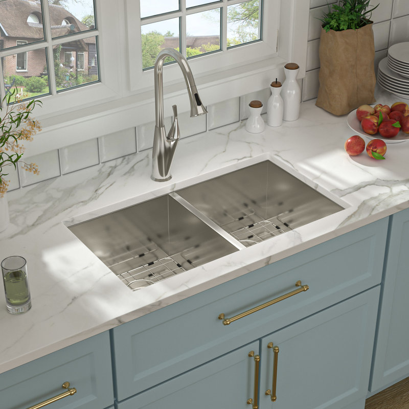 33" L x 19" W Undermount Double Bowl 50/50 Kitchen Sink Double Basin 16 Gauge Stainless Steel Sink