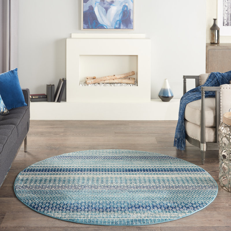 Tapis bleu marine à rayures Gillsville, Rond 4 pi
