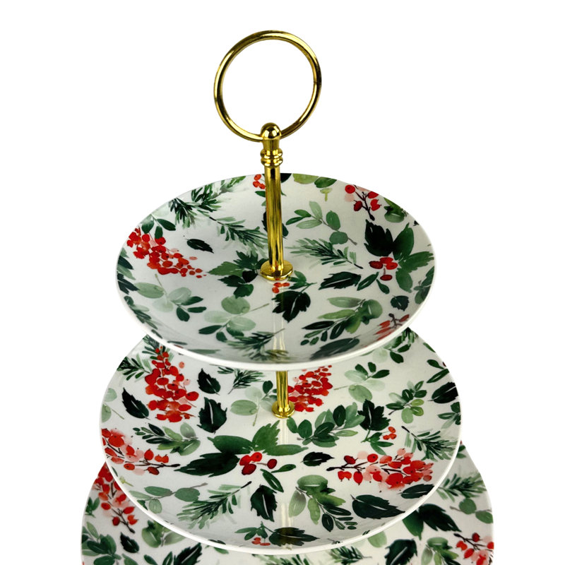Festive Ceramic 3-Tier Christmas Serving Stand with Gold Finish