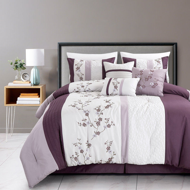 Full Purple and Lavender Floral Embroidery Comforter Set