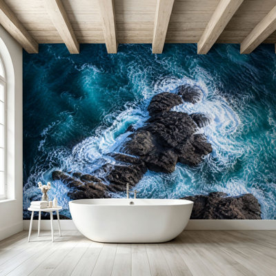 Papier peint adhésif pelez et collez Rocky Ocean Coast Turquoise Waves White Sea Foam Seascape Photo Art mural auto-adhésif et amovible