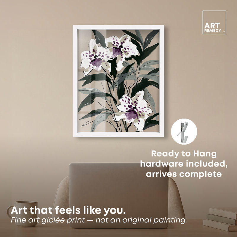 Art floral pourpre, orchidées mauves III, H 21 po x l 17 po, Cadre blanc