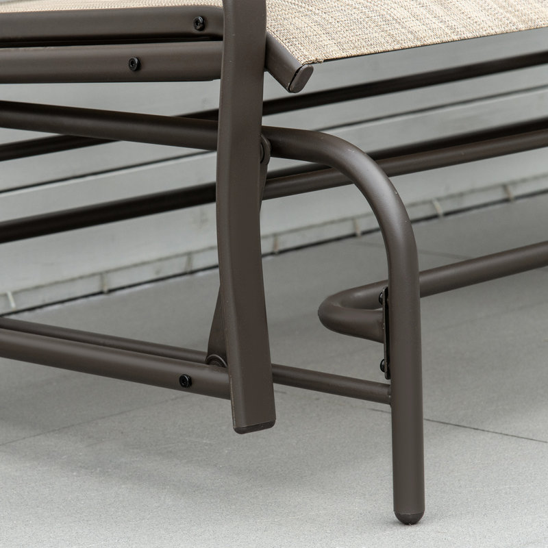 Backyard Glider Chair With Center Table - Metal Frame Brown. Double Gliding Delight, Breathable Fabric, Construction Porch Bench Coffee Desk Brown Patio Comfort, Steel For Relaxation