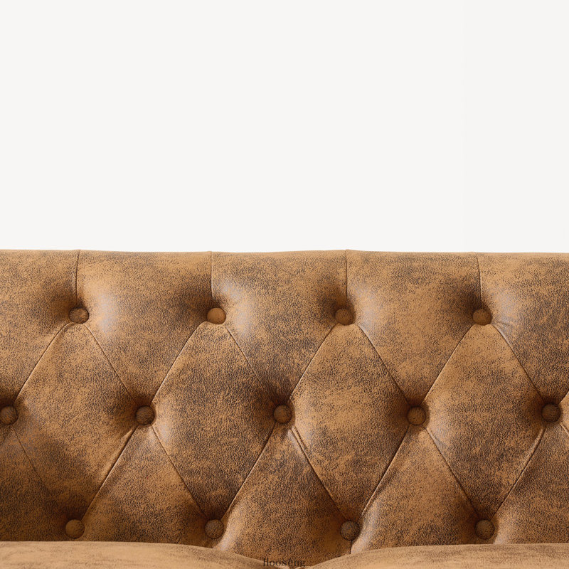 Canapé Chesterfield 2 places en tissu technique de 160 cm avec accoudoirs arrondis, brun
