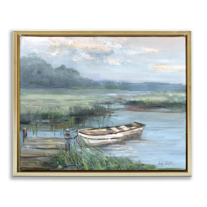 Barque amarrée au bord du lac, H 17 po x l 21 po, Cadre flottant métallique doré