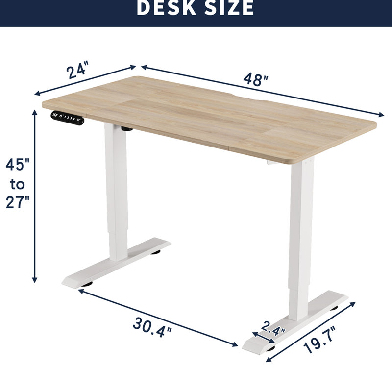 Bureau assis-debout électrique réglable en hauteur, couleur chêne, 122 cm x 61 cm, pour tâches de bureau, avec colonnes de levage réglables et protection contre les surintensités, idéal pour les jeux vidéo et le travail.