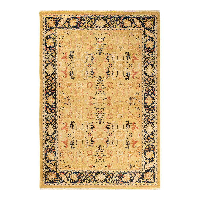Tapis ivoire / noir noué à la main de conception unique 6 pi 1 po x 9 pi 1 po Keenan
