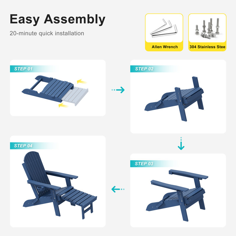 Folding Adirondack Chair with Retractable Ottoman & Cup Holder, 3-Position Adjustable for Patio, All-Weather Outdoor Seating