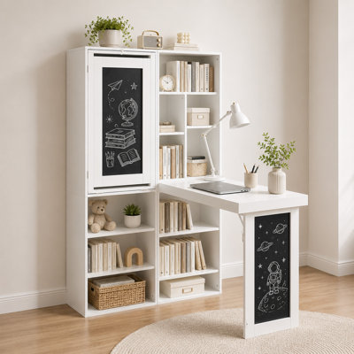 Folding Desk with Storage, Convertible Writing Table with Blackboard & Shelves, Fold-out Cabinet Table for Small Spaces, White