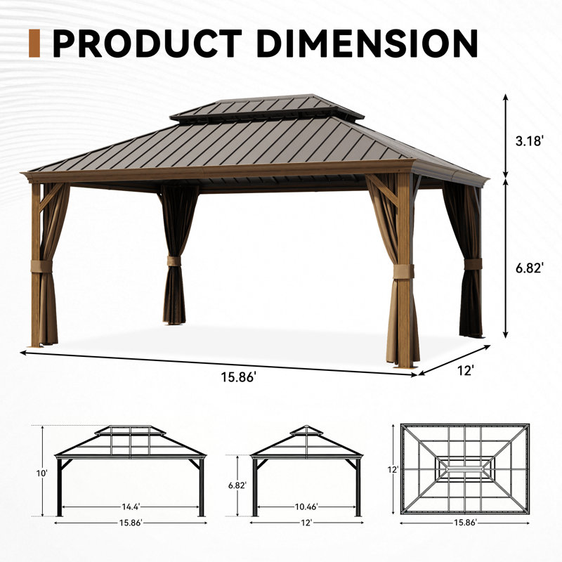 16 Ft. W x 12 Ft. D Outdoor Aluminum Hardtop Gazebo with Double-Layer Roof, Curtains, and Mosquito Net