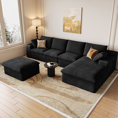 Canapé modulaire en forme de U de 136 po avec méridienne en forme de U, canapé sans dossier en velours côtelé avec repose-pieds, canapé en mousse à mémoire de forme dans une boîte avec siège profond pour le salon, aucun assemblage requis (vert, méridienne)