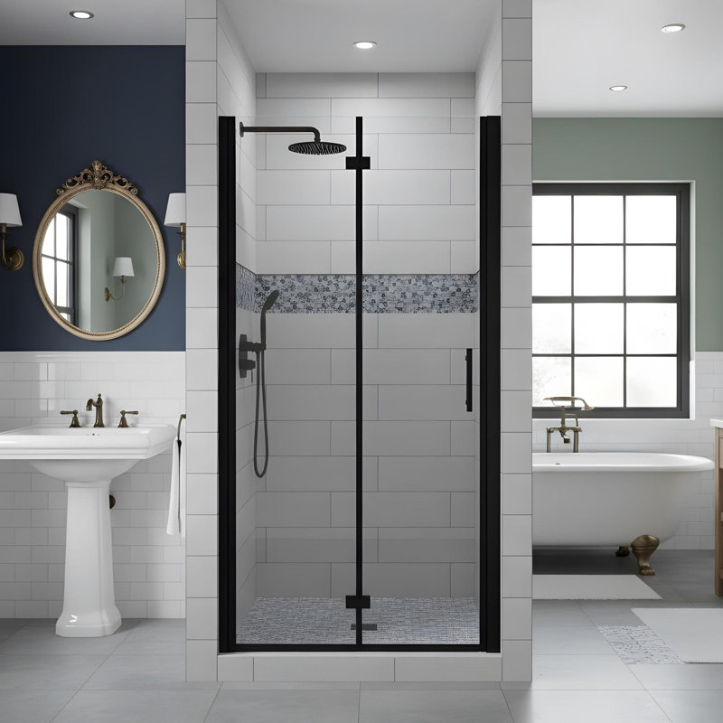 Porte de douche pivotante en verre trempé 34 po x 72 po Universal, Noir mat