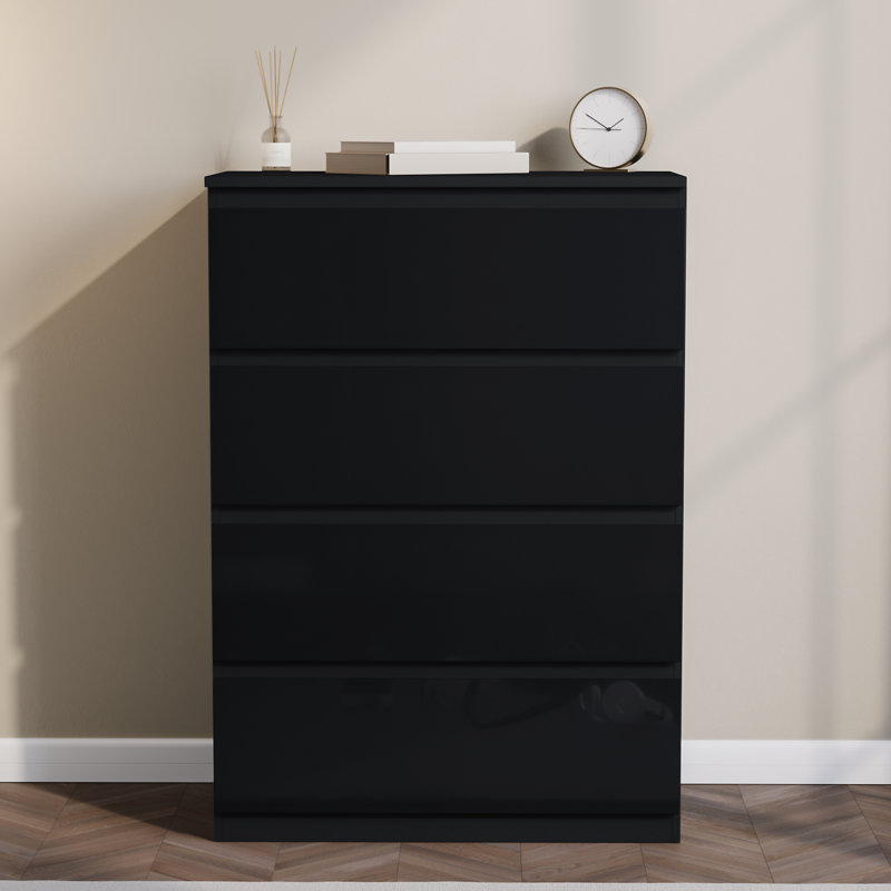 Oslo 4 Drawer High Gloss Chest, (FSC 100%) Bedroom Home Storage Furniture, Black