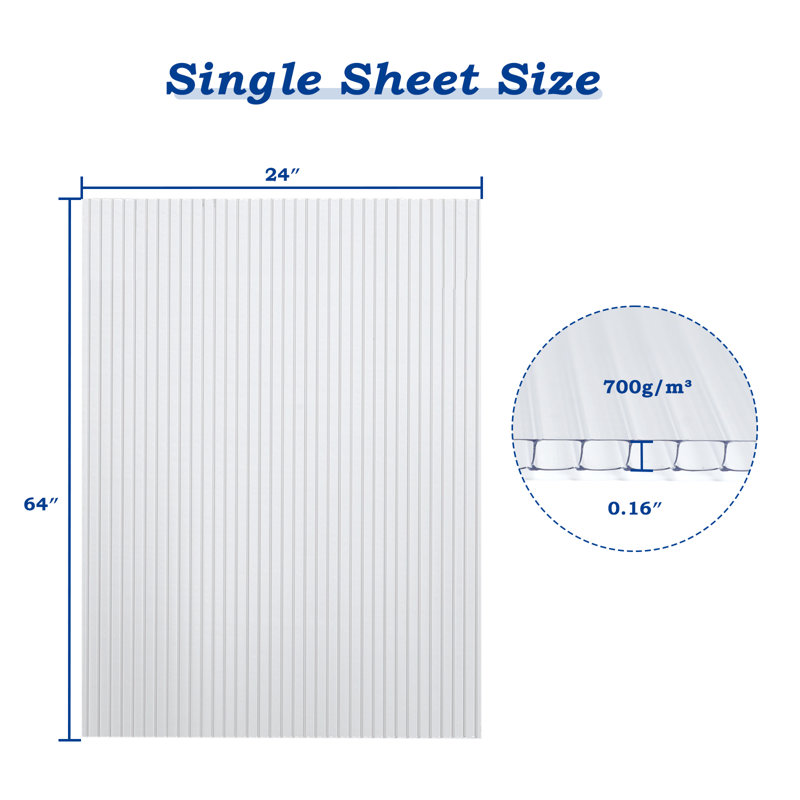 6 PCS Polycarbonate Panels, 0.4cm H x 162.5cm W x 61.5cm D, Clear