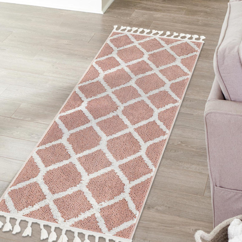 Tapis rose en polyester tissé à la machine Randal, Tapis de couloir 2 pi x 8 pi