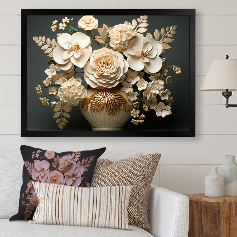 Hortensia baroque blanc et or VI sur toile, H 30 po x l 40 po x P 1,5 po, Cadre simple noir