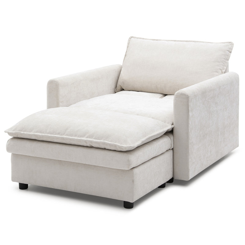 Lit simple en chenille avec lit de nuit moderne et confortable, fauteuil rembourré beige, chaise longue assortie en tissu teinté pour faire la sieste, espace confortable et décoratif