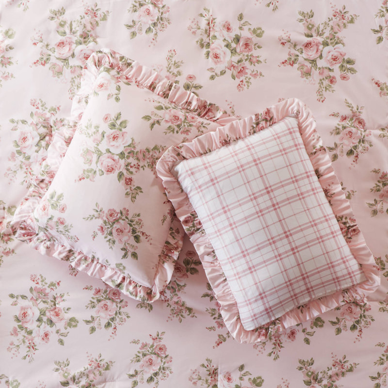 King Bedding Sets, Pink Floral Microfiber Comforter with Ruffled Shams