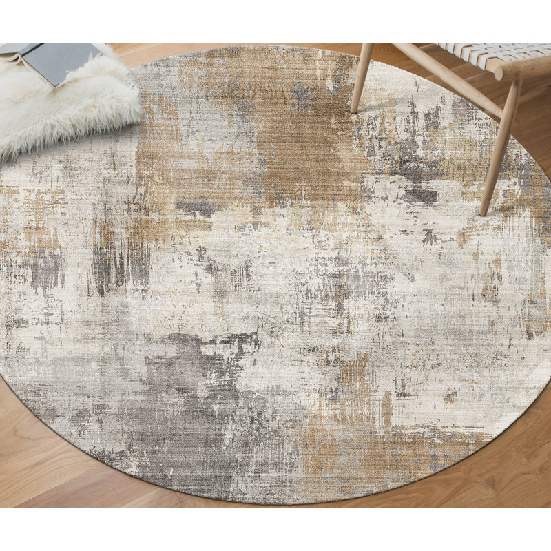 Mackeroy Quinn Abstract Beige Gray Ivory Machine Washable Area Rugs, Round 4'