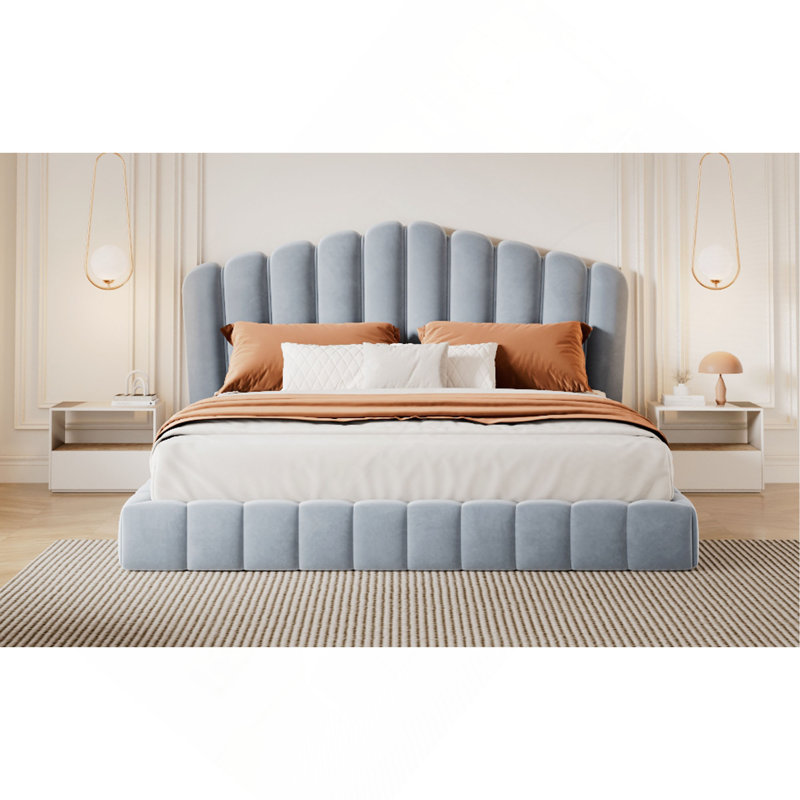 Tête de lit en velours rembourré avec cadre de lit et tête de lit en forme de coquillage pour la chambre à coucher, aucun sommier nécessaire